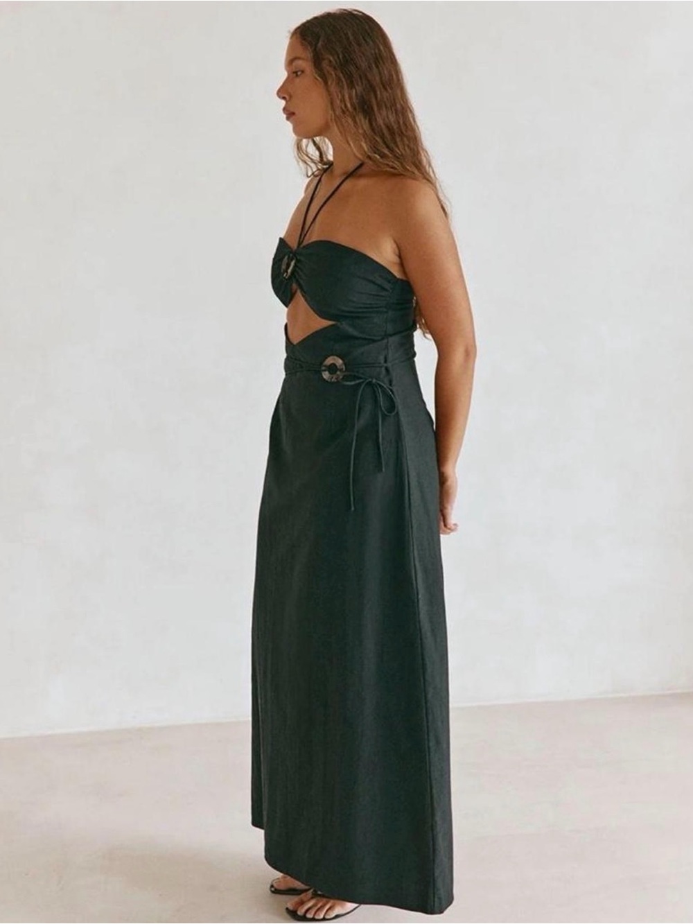 Strapless Black Midi Dress with Decorative Accent - Picture 5 of 7